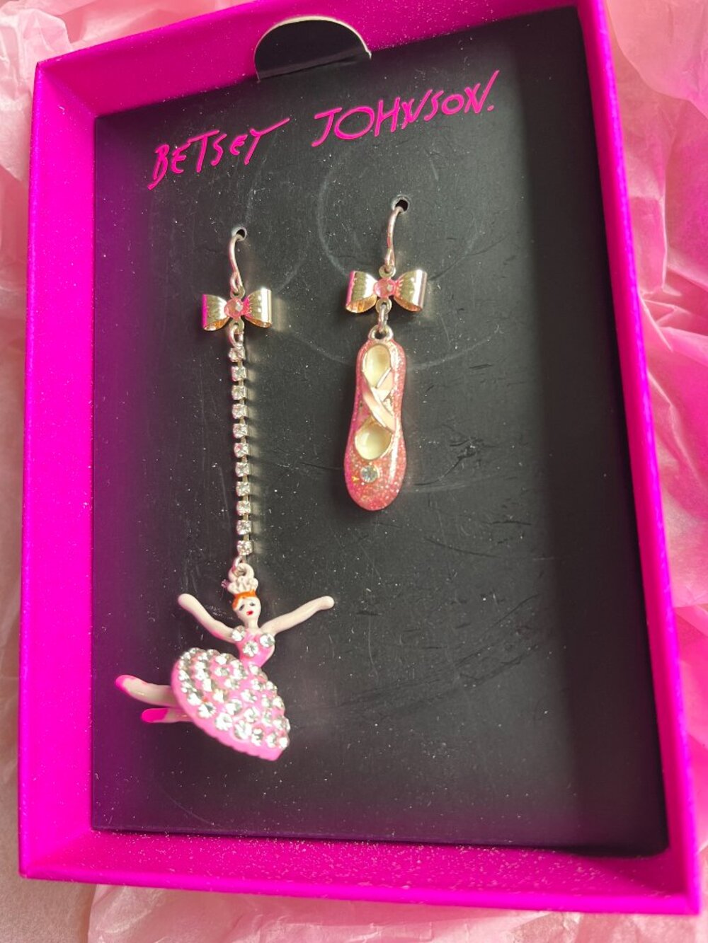 Betsey Johnson Enamel Ballerina & Slipper Earrings In Box